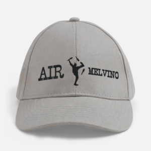 Gray baseball cap with the words "Air Melvino" and a silhouette of a clown juggling